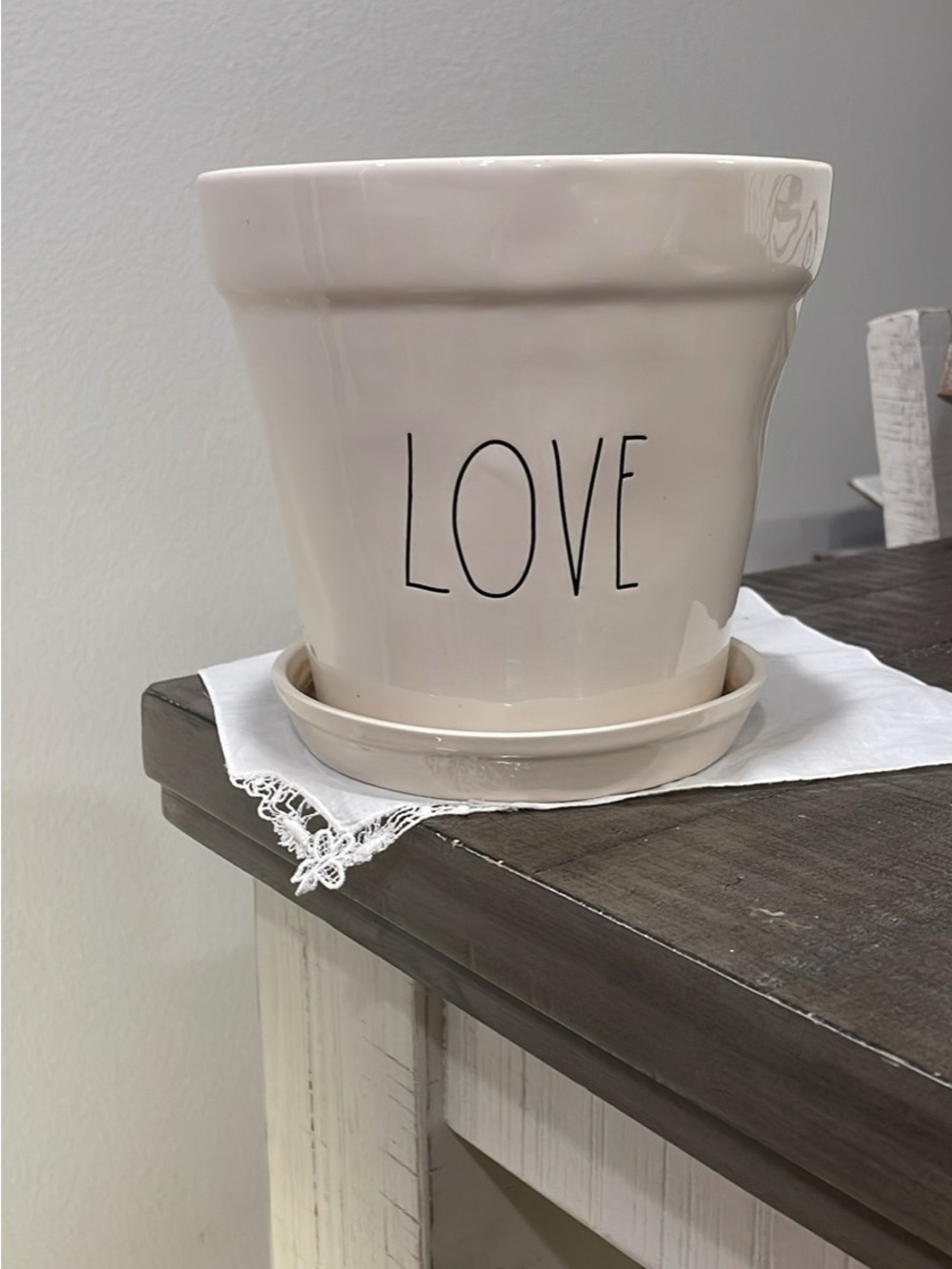 Rae Dunn "LOVE" Ceramic Planter with Attached Saucer for Indoor / Outdoor